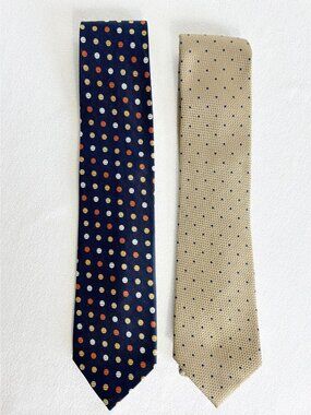 Set of 2 Polka Dot Silk Neckties in Tan / Blue